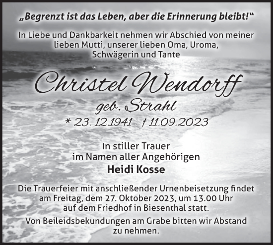 Traueranzeige von Christel Wendorff von Märkische Oderzeitung