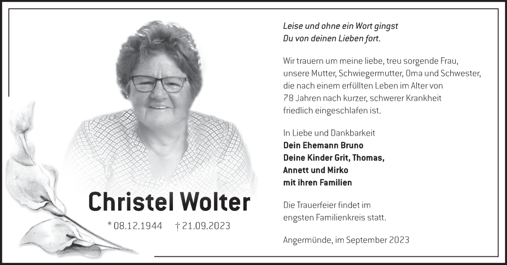  Traueranzeige für Christel Wolter vom 30.09.2023 aus Märkische Oderzeitung