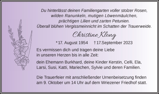 Traueranzeige von Christine Klong von Märkische Oderzeitung