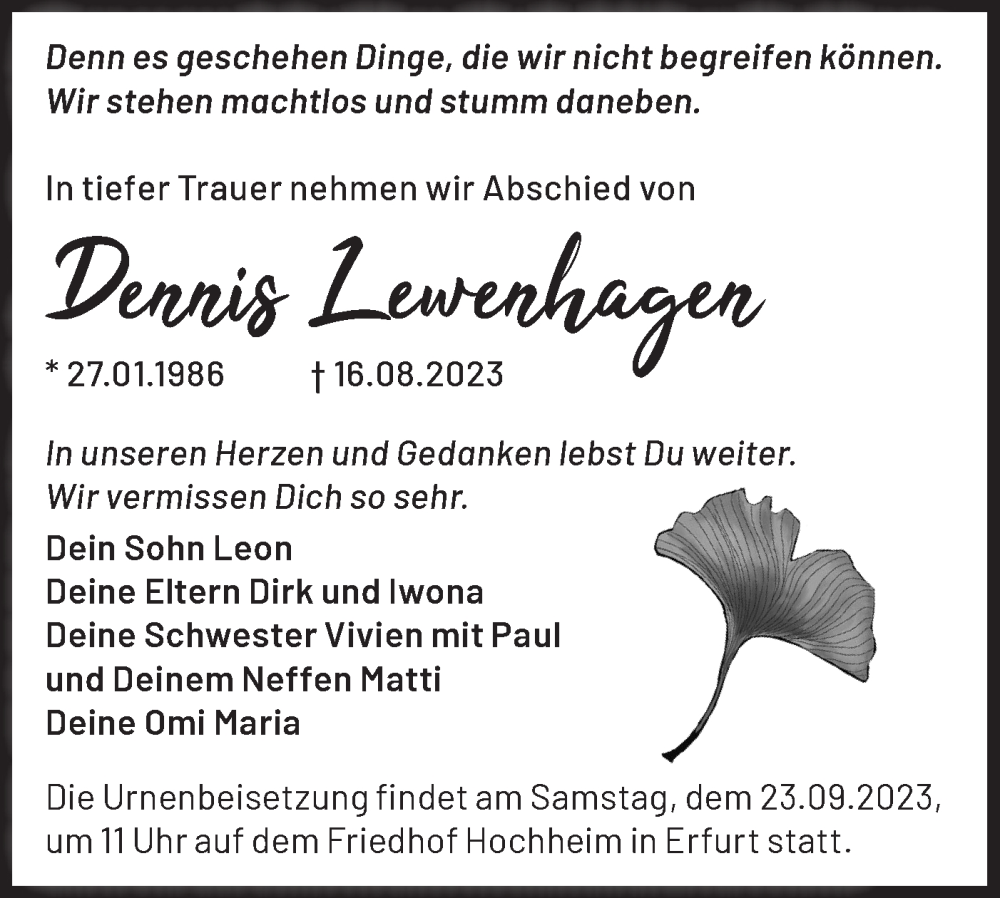  Traueranzeige für Dennis Lewenhagen vom 09.09.2023 aus Märkische Oderzeitung