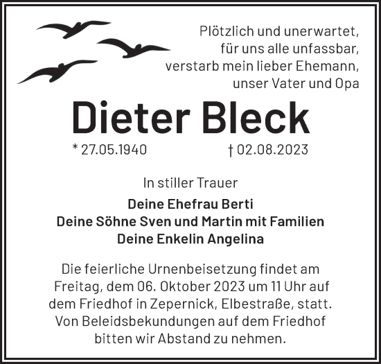 Traueranzeige von Dieter Bleck von Märkische Oderzeitung