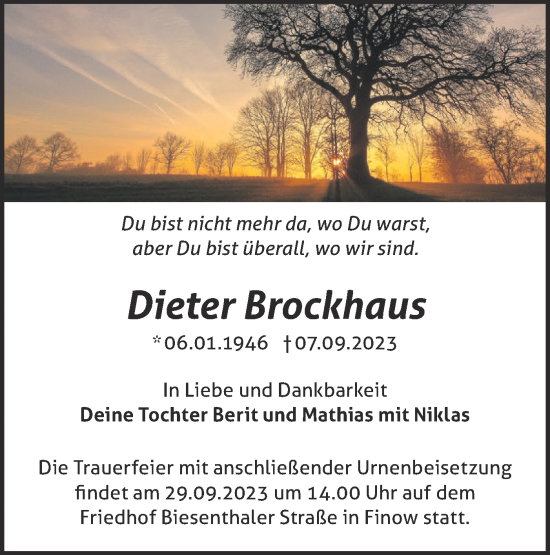 Traueranzeige von Dieter Brockhaus von Märkische Oderzeitung