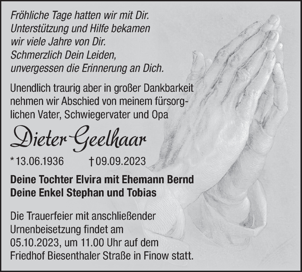  Traueranzeige für Dieter Geelhaar vom 20.09.2023 aus Märkische Oderzeitung