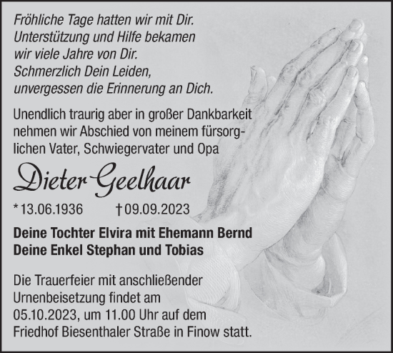 Traueranzeige von Dieter Geelhaar von Märkische Oderzeitung