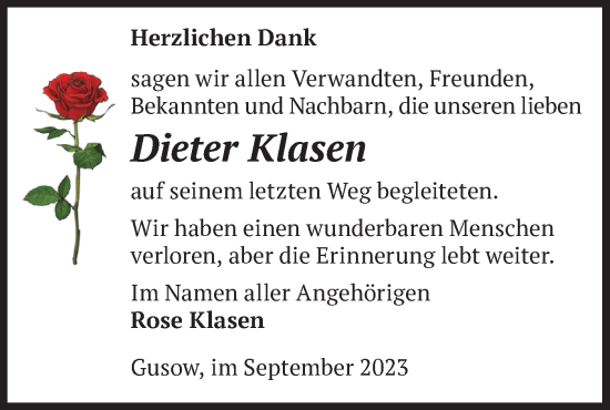 Traueranzeige von Dieter Klasen von Märkische Oderzeitung