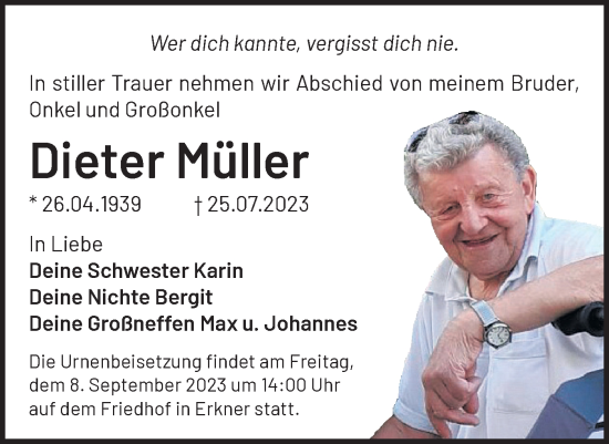 Traueranzeige von Dieter Müller von Märkische Oderzeitung