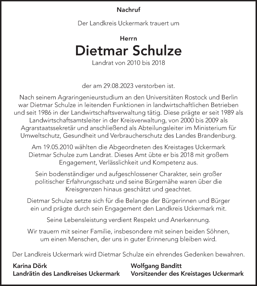  Traueranzeige für Dietmar Schulze vom 02.09.2023 aus Märkische Oderzeitung