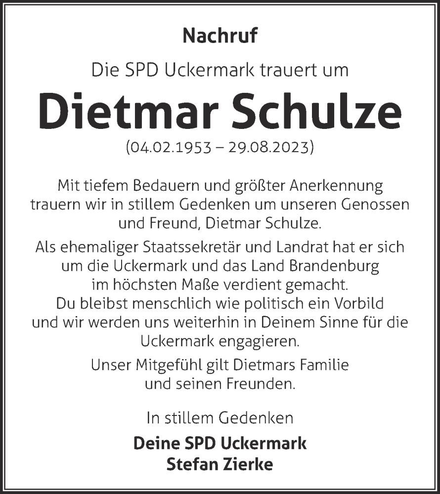  Traueranzeige für Dietmar Schulze vom 02.09.2023 aus Märkische Oderzeitung