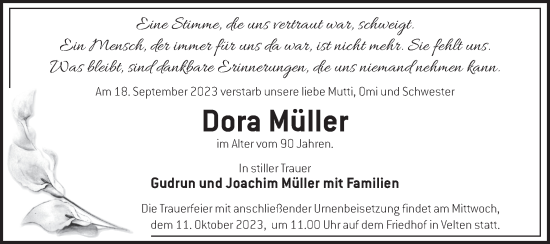 Traueranzeige von Dora Müller von Märkische Oderzeitung