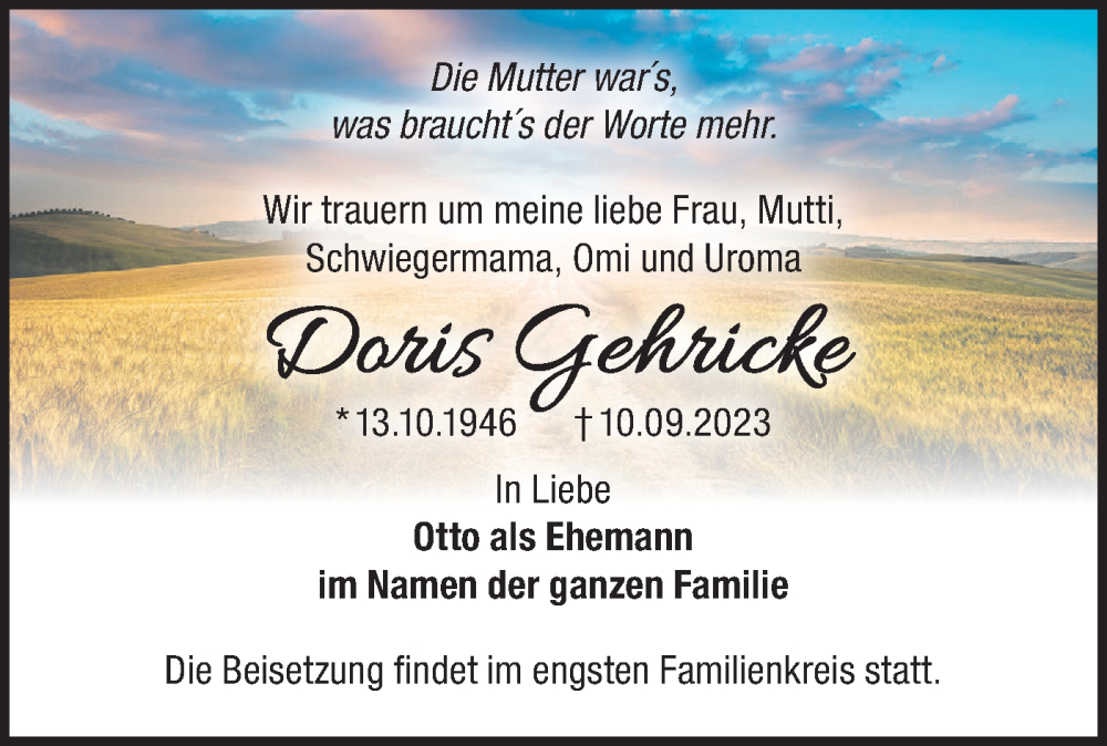  Traueranzeige für Doris Gehricke vom 16.09.2023 aus Märkische Oderzeitung