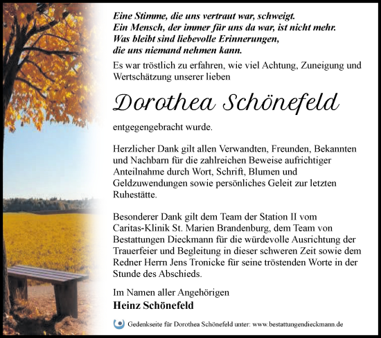 Traueranzeige von Dorothea Schönefeld von Märkische Oderzeitung