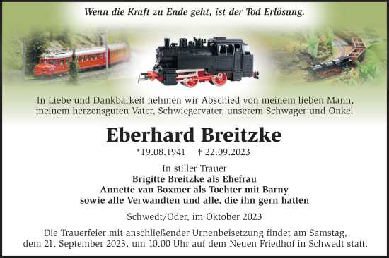 Traueranzeige von Eberhard Breitzke von Märkische Oderzeitung