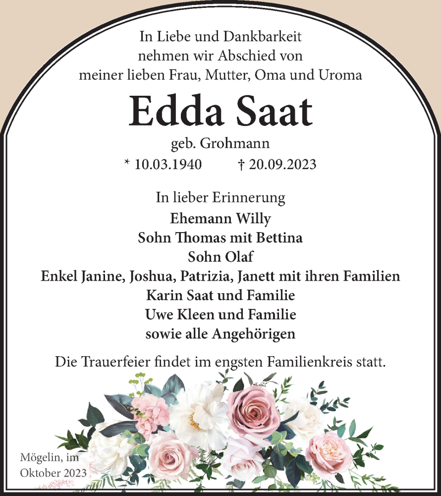  Traueranzeige für Edda Saat vom 30.09.2023 aus Märkische Oderzeitung