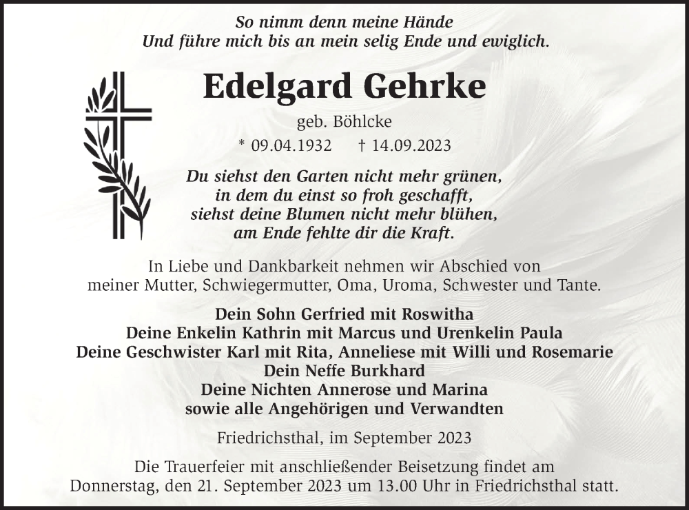  Traueranzeige für Edelgard Gehrke vom 19.09.2023 aus Märkische Oderzeitung