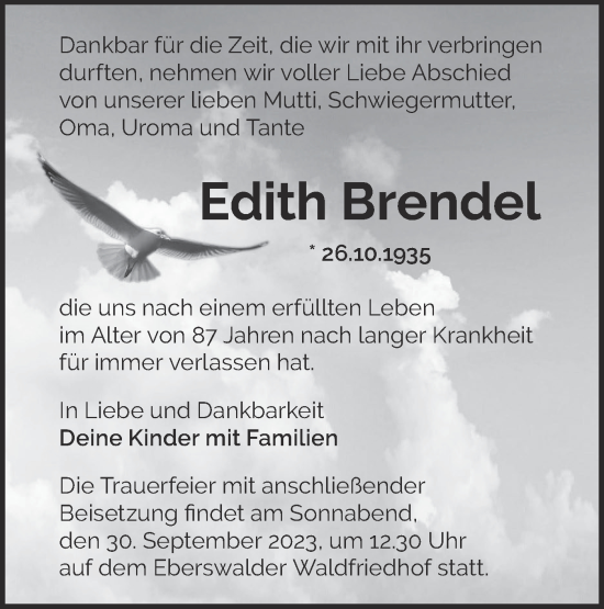 Traueranzeige von Edith Brendel von Märkische Oderzeitung