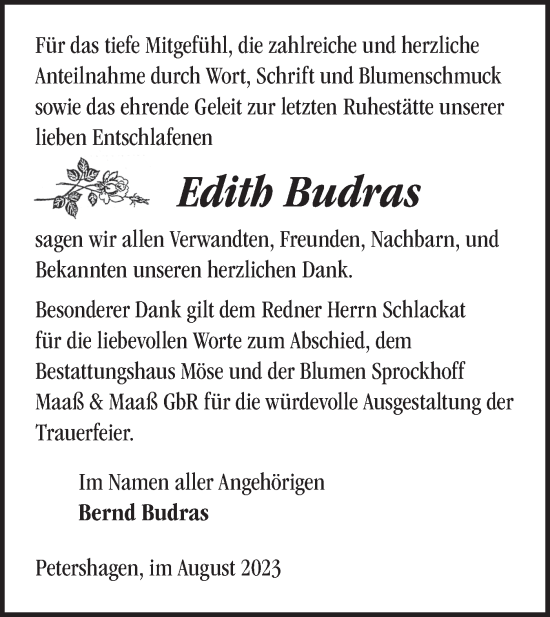 Traueranzeige von Edith Budras von Märkische Oderzeitung