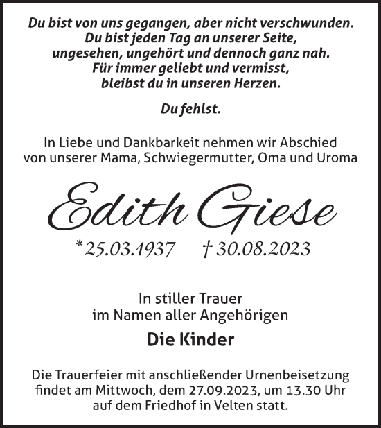 Traueranzeige von Edith Giese von Märkische Oderzeitung