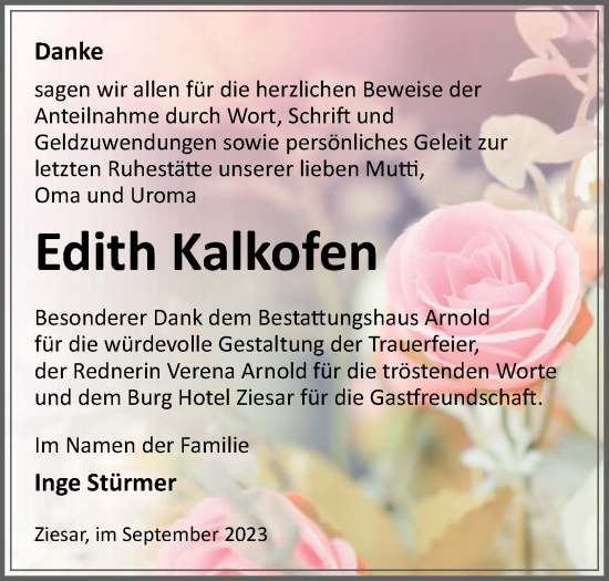 Traueranzeige von Edith Kalkofen von Märkische Oderzeitung