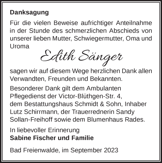 Traueranzeige von Edith Sänger von Märkische Oderzeitung