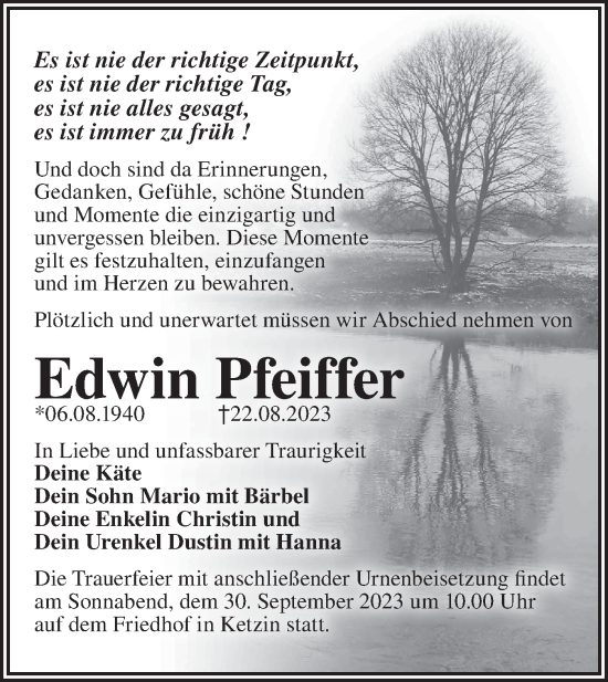 Traueranzeige von Edwin Pfeiffer von Märkische Oderzeitung