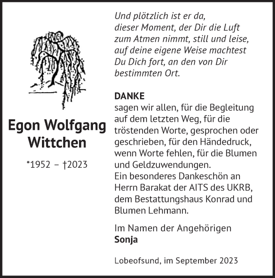 Traueranzeige von Egon Wolfgang Wittchen von Märkische Oderzeitung