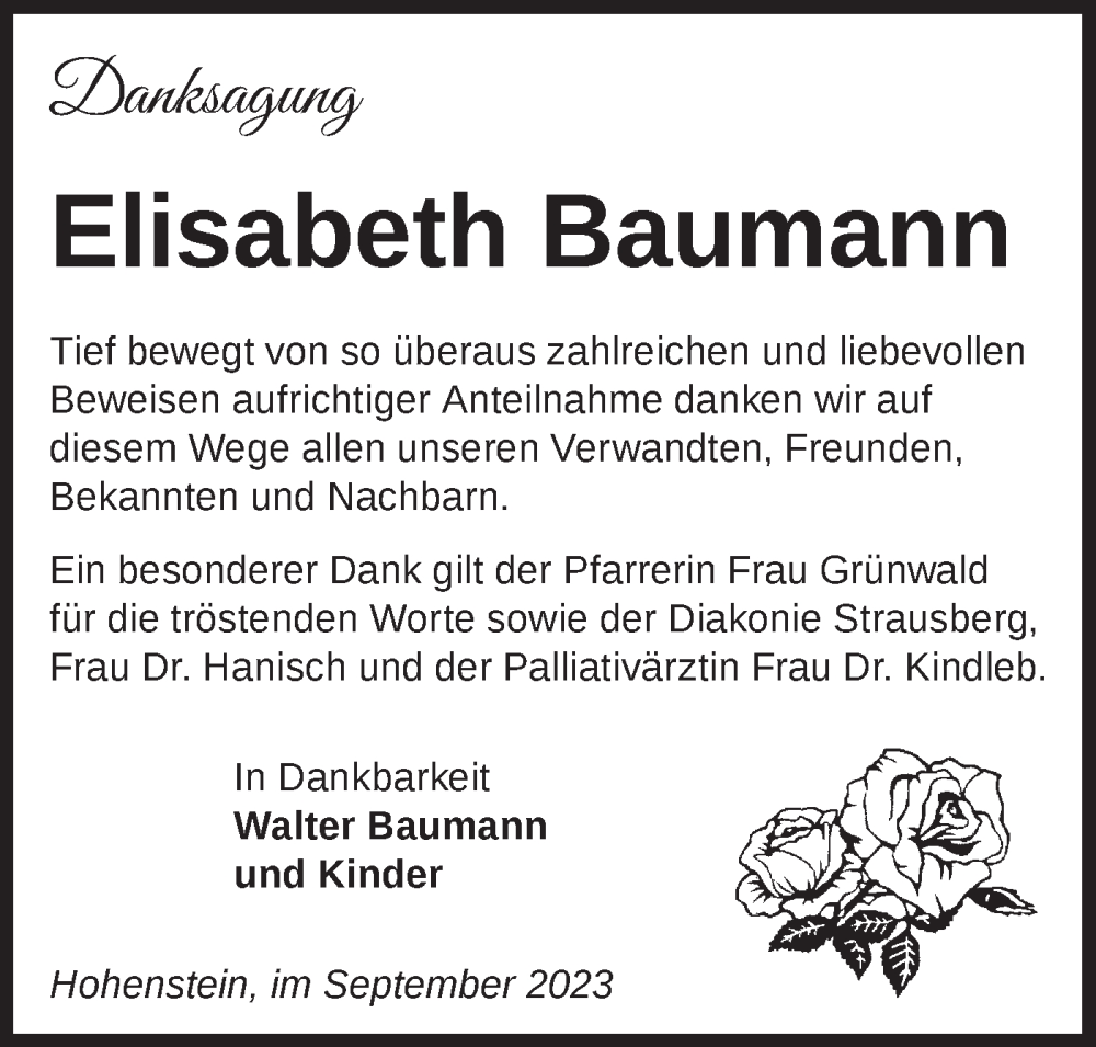  Traueranzeige für Elisabeth Baumann vom 30.09.2023 aus Märkische Oderzeitung