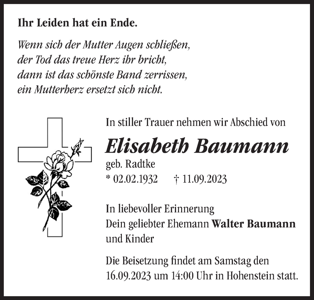 Traueranzeige für Elisabeth Baumann vom 14.09.2023 aus Märkische Oderzeitung