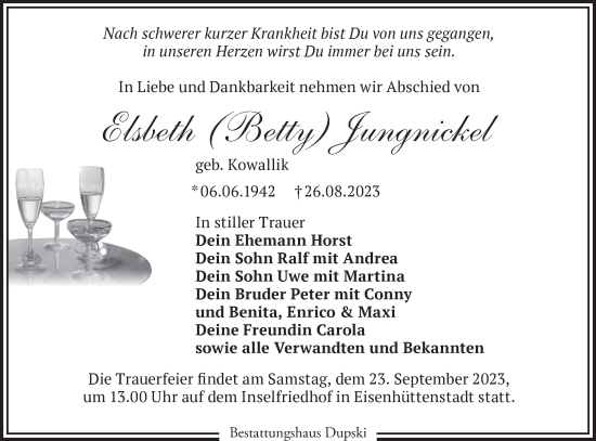 Traueranzeige von Elsbeth Jungnickel von Märkische Oderzeitung