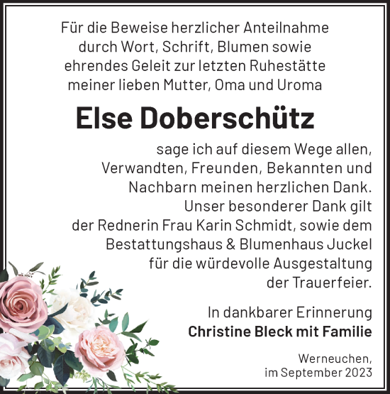 Traueranzeige von Else Doberschütz von Märkische Oderzeitung