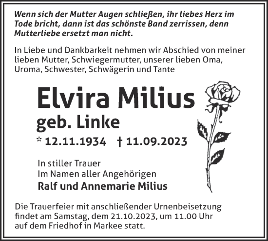 Traueranzeige von Elvira Milius von Märkische Oderzeitung