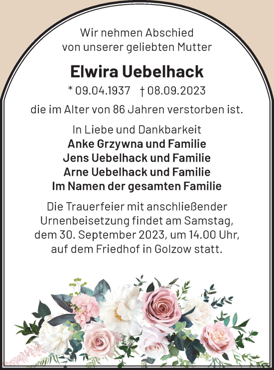 Traueranzeige von Elwira Uebelhack von Märkische Oderzeitung