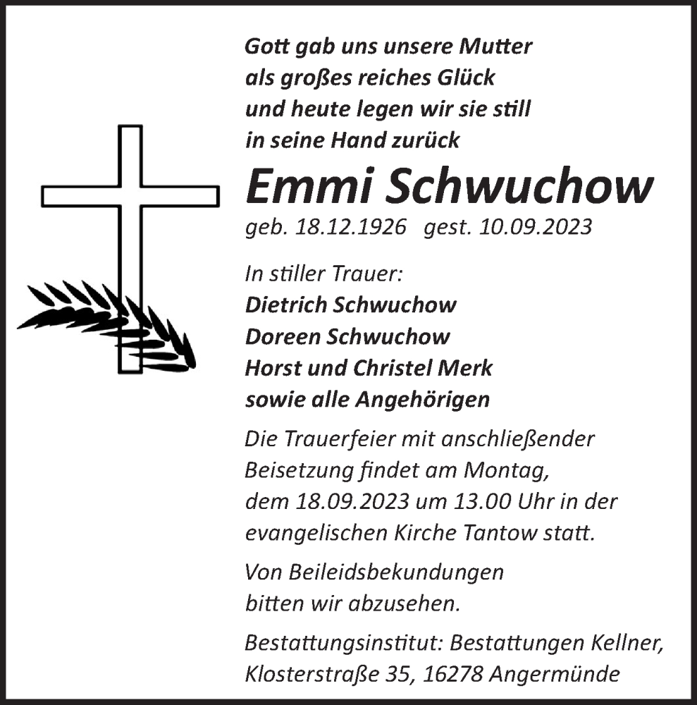  Traueranzeige für Emmi Schwuchow vom 16.09.2023 aus Märkische Oderzeitung
