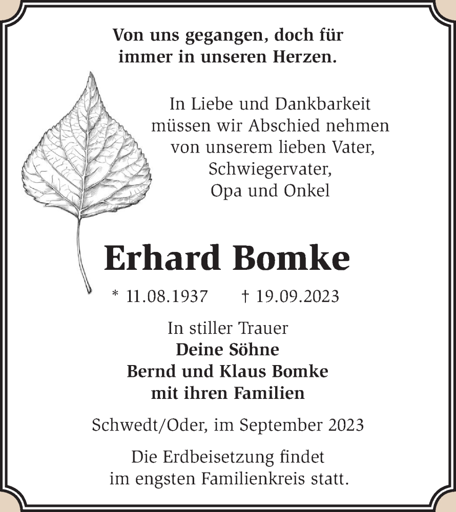  Traueranzeige für Erhard Bomke vom 23.09.2023 aus Märkische Oderzeitung