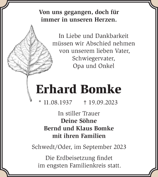 Traueranzeige von Erhard Bomke von Märkische Oderzeitung