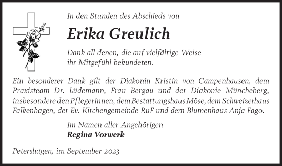 Traueranzeige von Erika Greulich von Märkische Oderzeitung