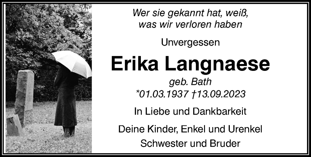  Traueranzeige für Erika Langnaese vom 19.09.2023 aus Märkische Oderzeitung