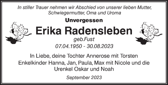 Traueranzeige von Erika Radensleben von Märkische Oderzeitung