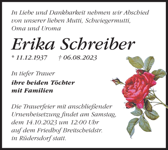 Traueranzeige von Erika Schreiber von Märkische Oderzeitung