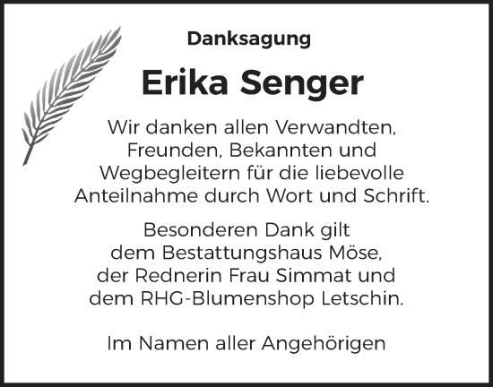 Traueranzeige von Erika Senger von Märkische Oderzeitung