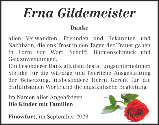 Traueranzeige von Erna Gildemeister von Märkische Oderzeitung