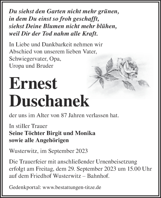 Traueranzeige von Ernest Duschanek von Märkische Oderzeitung