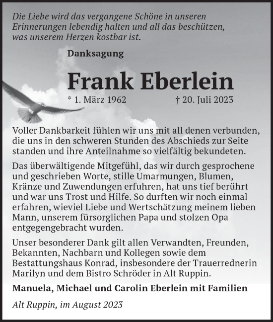 Traueranzeige von Frank Eberlein von Märkische Oderzeitung