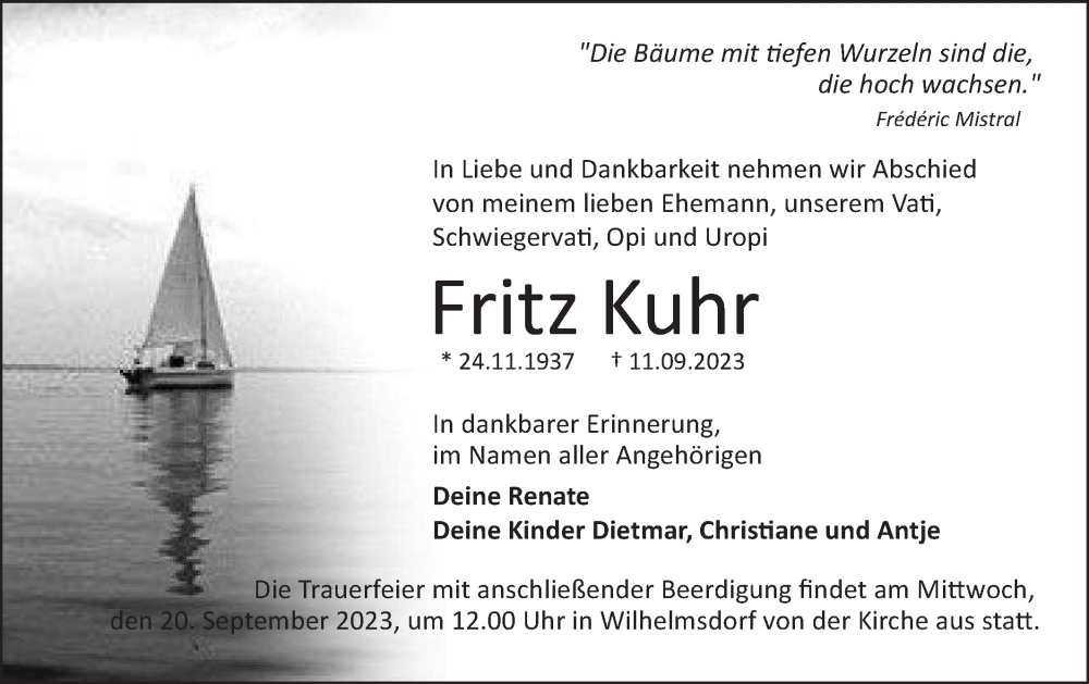  Traueranzeige für Fritz Kuhr vom 16.09.2023 aus Märkische Oderzeitung