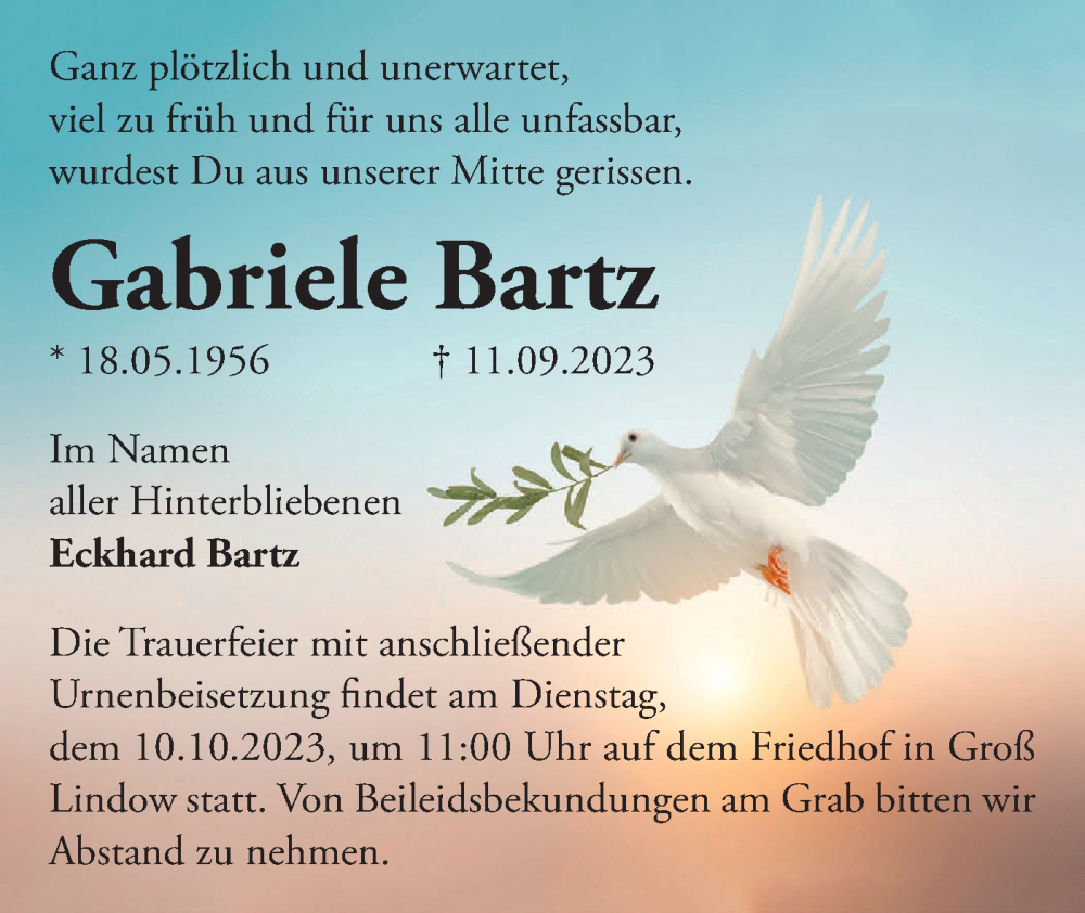  Traueranzeige für Gabriele Bartz vom 30.09.2023 aus Märkische Oderzeitung