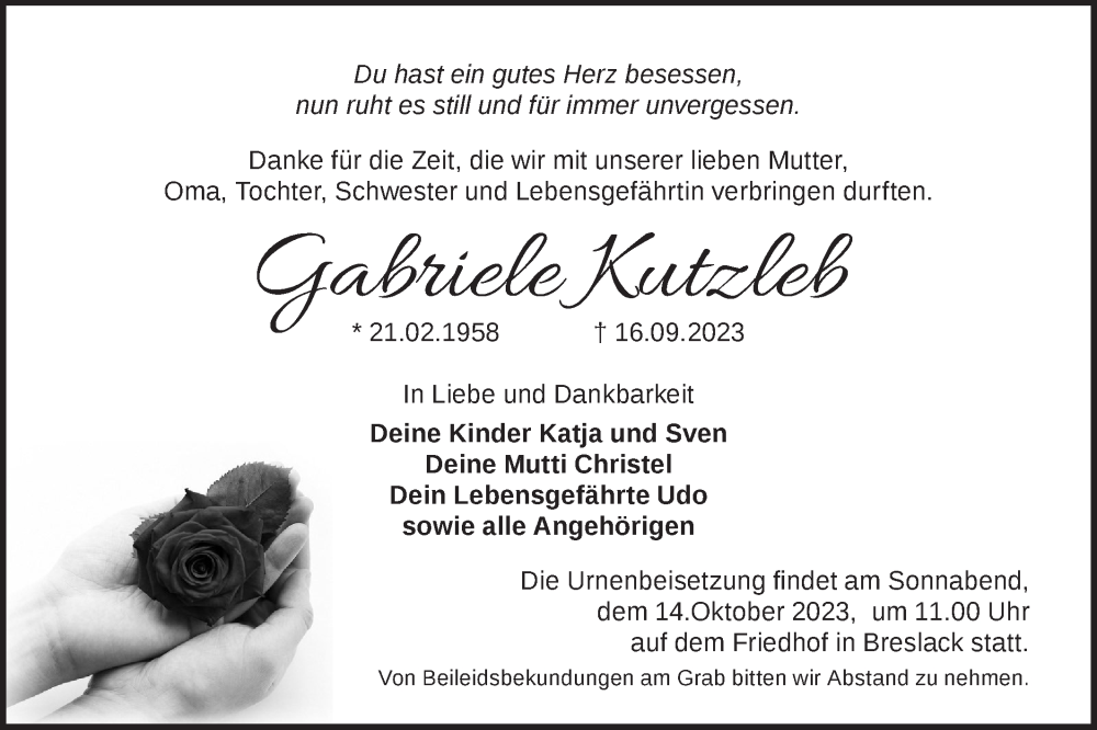  Traueranzeige für Gabriele Kutzleb vom 30.09.2023 aus Märkische Oderzeitung