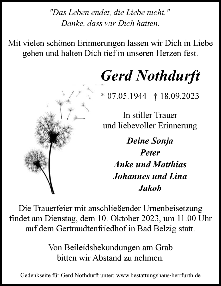  Traueranzeige für Gerd Nothdurft vom 30.09.2023 aus Märkische Oderzeitung