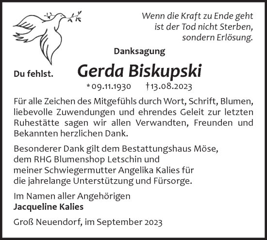 Traueranzeige von Gerda Biskupski von Märkische Oderzeitung