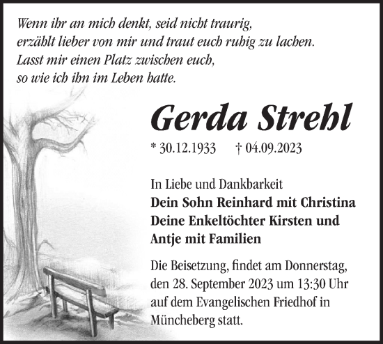 Traueranzeige von Gerda Strehl von Märkische Oderzeitung