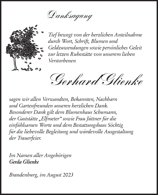 Traueranzeige von Gerhard Glienke von Märkische Oderzeitung