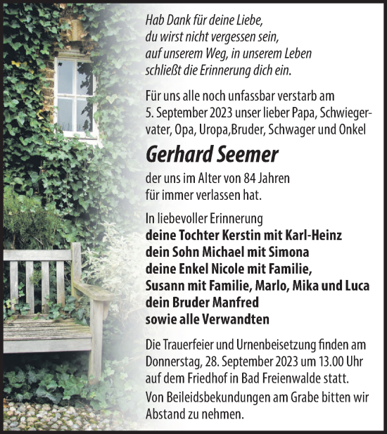 Traueranzeige von Gerhard Seemer von Märkische Oderzeitung